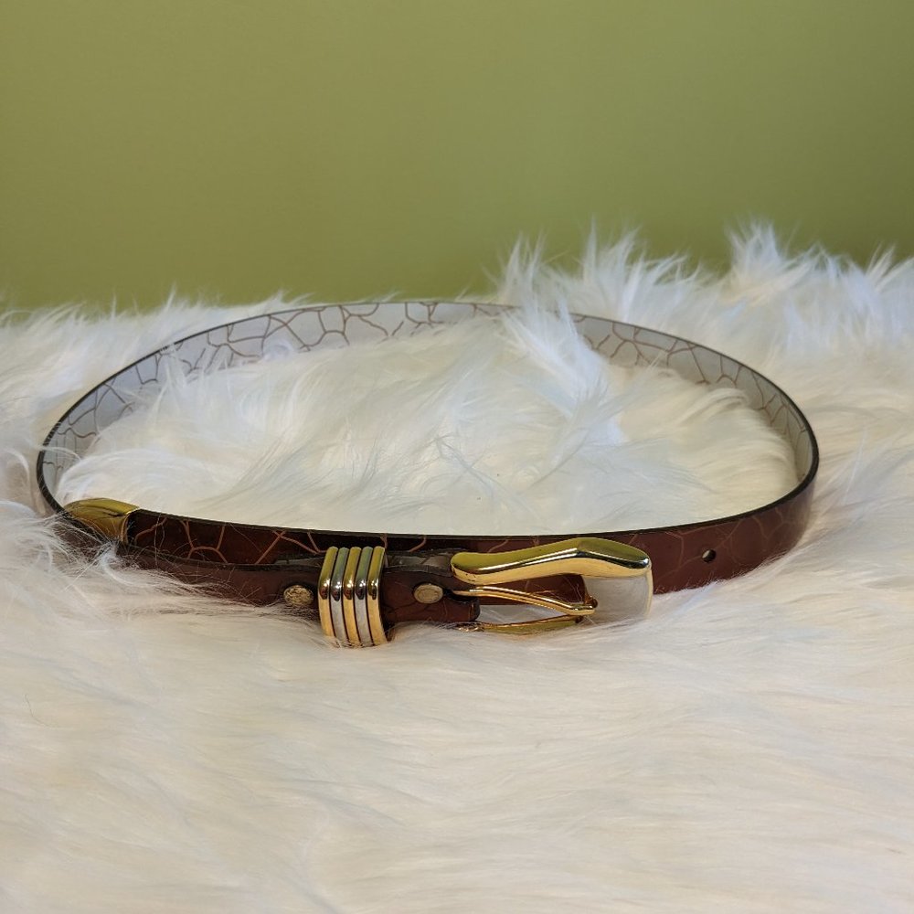 1980's Shiny Belt Brown/White/Tan Gold & Silver Accents Faux Crocodile Pattern